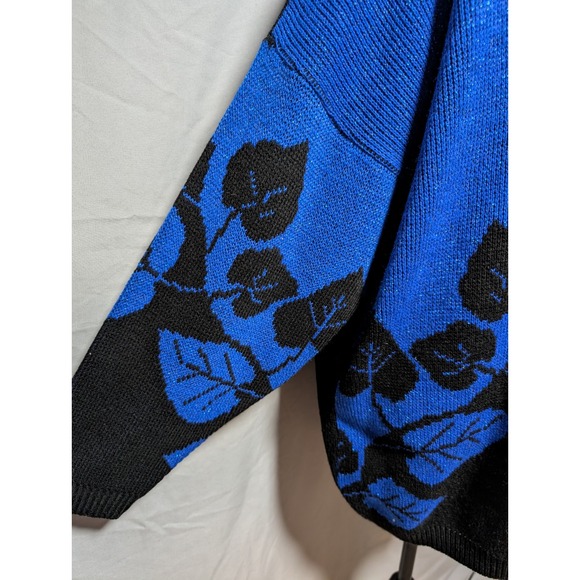 Arielle Women's VTG 80s 90s Blue Black Leaf Print Metallic Lurex Knit Sweater - Picture 4 of 8